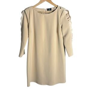 Elisabetta Franchi Ruffle Long Sleeve Mini Shift Dress Beige Size 8